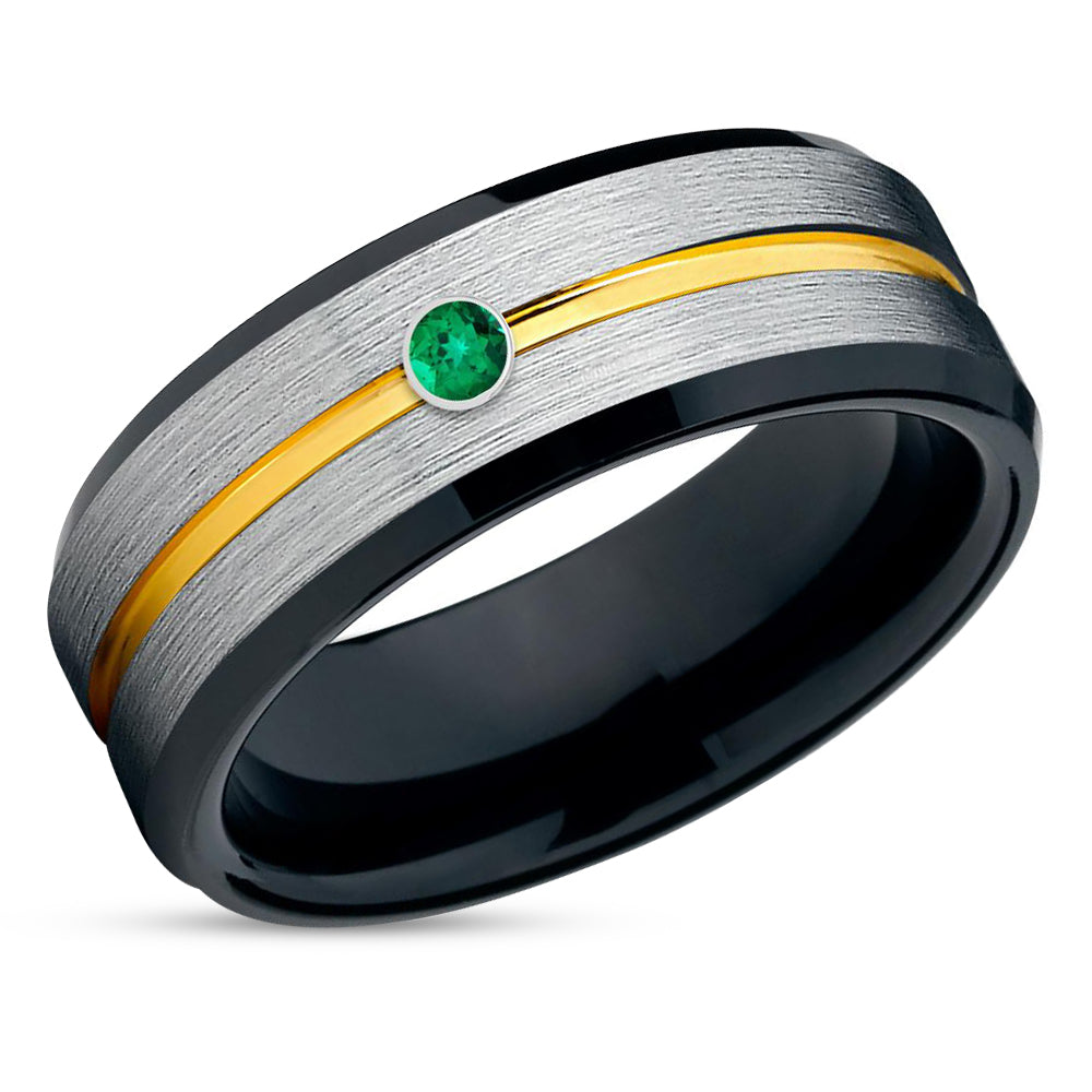 Black  Tungsten Wedding Band - Yellow Gold Tungsten Ring - Emerald Wedding Ring - Man's Ring