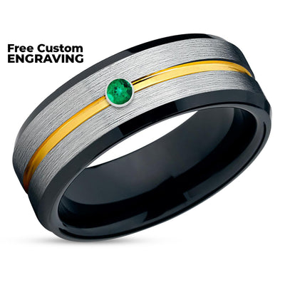 Black Tungsten Wedding Band - Yellow Gold Tungsten Ring - Emerald Wedding Ring - Man's Ring