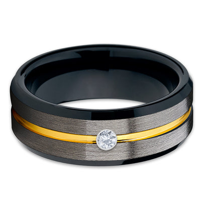 Yellow Gold Tungsten Ring - Gunmetal Ring - White Diamond Tungsten - 8mm - Clean Casting Jewelry