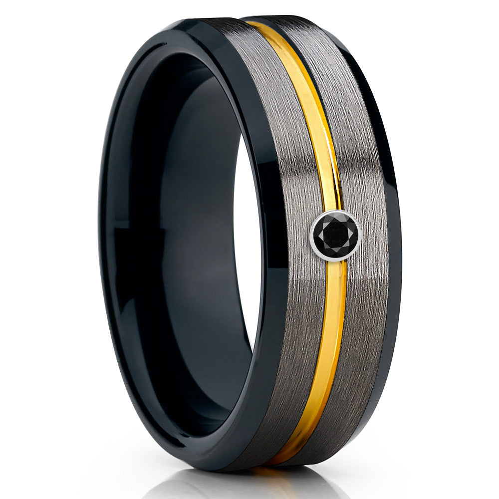 Black Diamond Tungsten Ring - Black Tungsten - Gunmetal - Yellow Gold Tungsten - Clean Casting Jewelry
