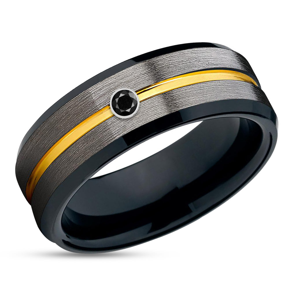Black Diamond Tungsten Ring - Black Tungsten - Gunmetal - Yellow Gold Tungsten