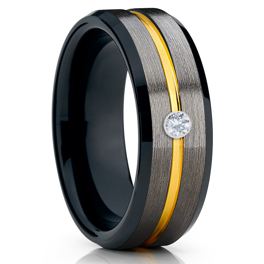 Yellow Gold Tungsten Ring - Gunmetal Ring - White Diamond Tungsten - 8mm - Clean Casting Jewelry