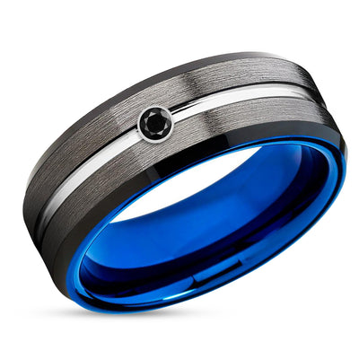 Gunmetal Wedding Ring - Blue Tungsten Ring - Blue Wedding Band - Black Diamond Ring