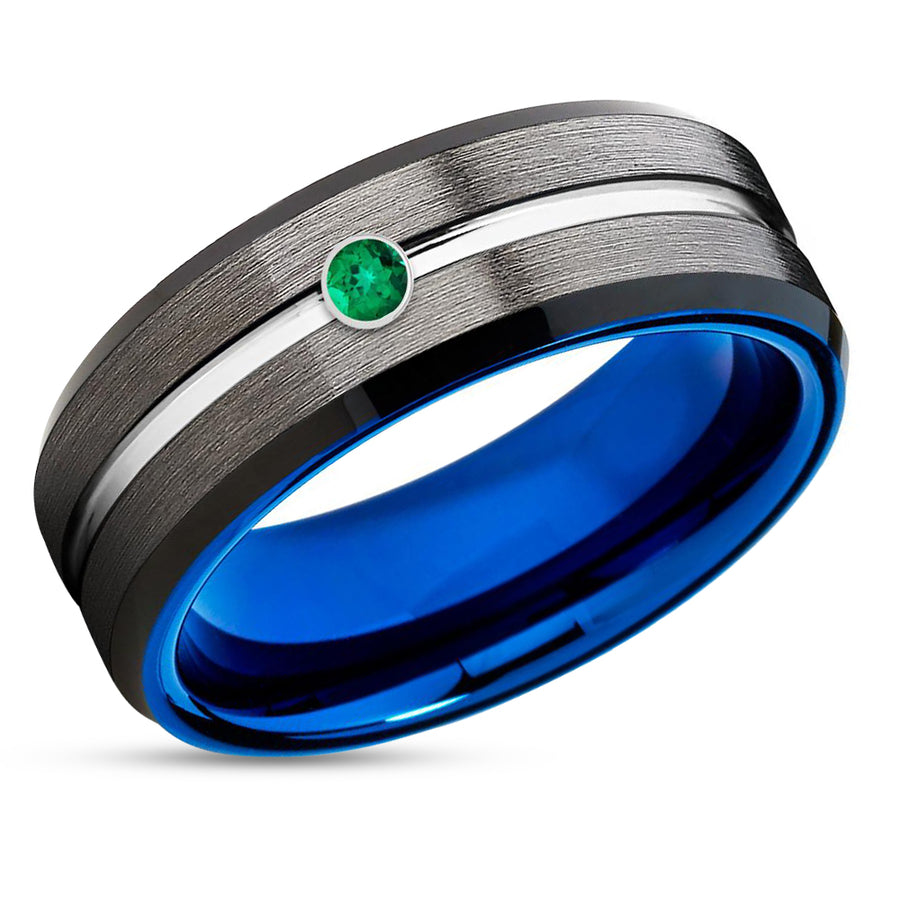 Gunmetal Wedding Ring - Emerald Wedding Ring - Blue Tungsten Ring - Tungsten Wedding Band