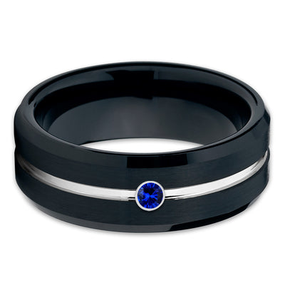 Black Wedding Band - Blue Sapphire - Tungsten Wedding Band - Men's Ring - Clean Casting Jewelry