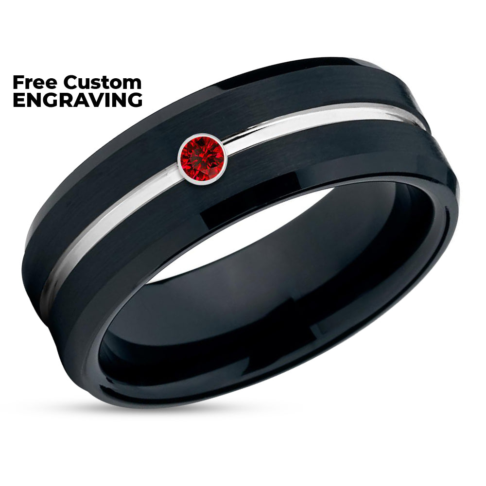 Ruby Wedding Band - Black Tungsten Ring - Black Wedding Ring - Tungsten Carbide Ring