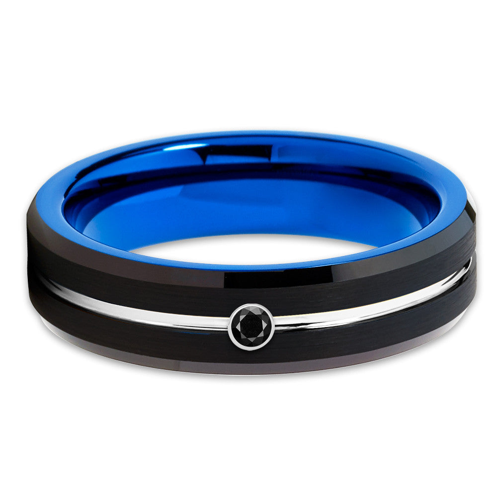 Blue Tungsten Wedding Band - Black Diamond Tungsten Ring - 6mm - Clean Casting Jewelry