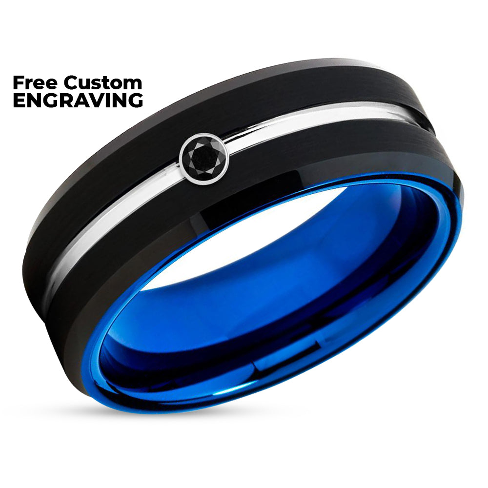 Black Diamond Wedding Ring - Blue Tungsten Ring - Blue Wedding Band - Tungsten