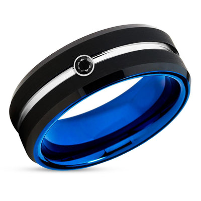 Black Diamond Wedding Ring - Blue Tungsten Ring - Blue Wedding Band - Tungsten