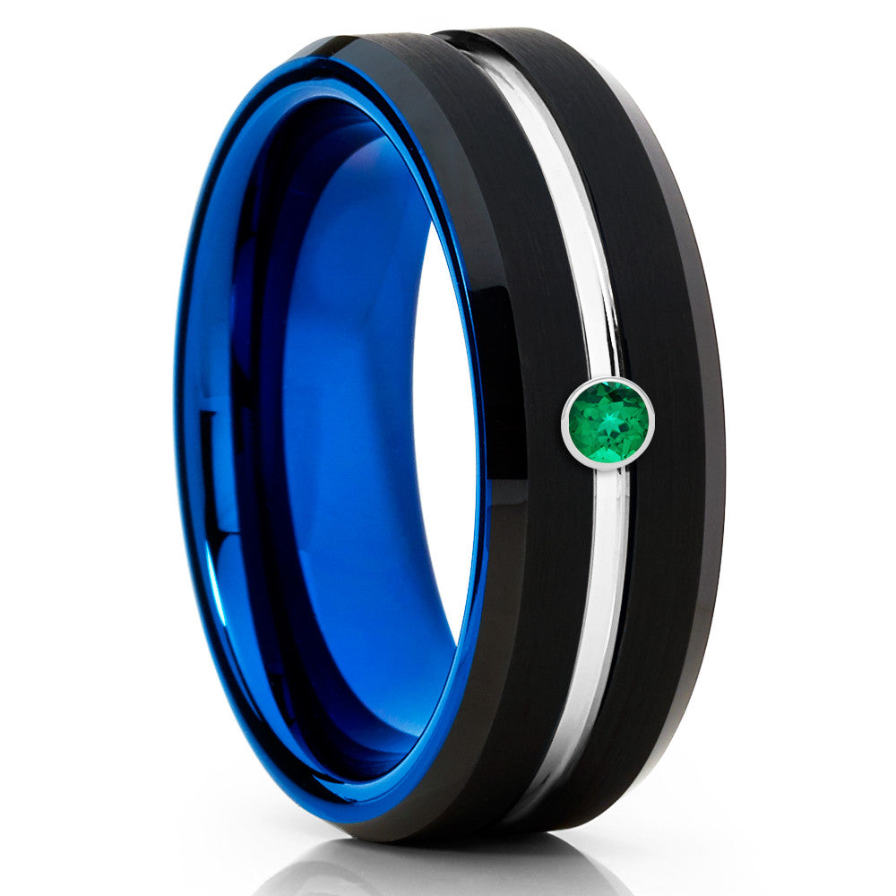 Emerald Tungsten Ring - Blue Tungsten Ring - Emerald Tungsten Band - Black - Clean Casting Jewelry