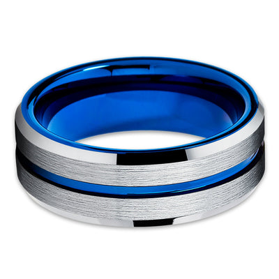 Blue Tungsten Wedding Band - Silver Brush - Blue Tungsten Ring - 8mm - Clean Casting Jewelry