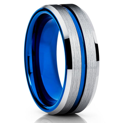 Blue Tungsten Wedding Band - Silver Brush - Blue Tungsten Ring - 8mm - Clean Casting Jewelry