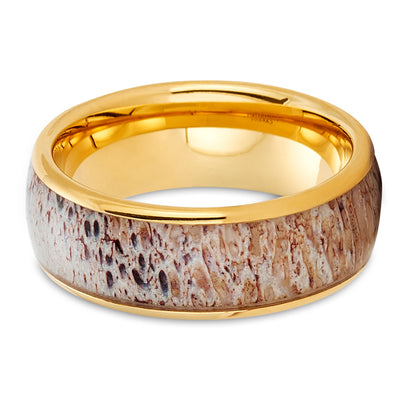 Antler Wedding Ring - Deer Antler Ring - Yellow Gold Wedding Ring - Tungsten Wedding Ring - 8mm