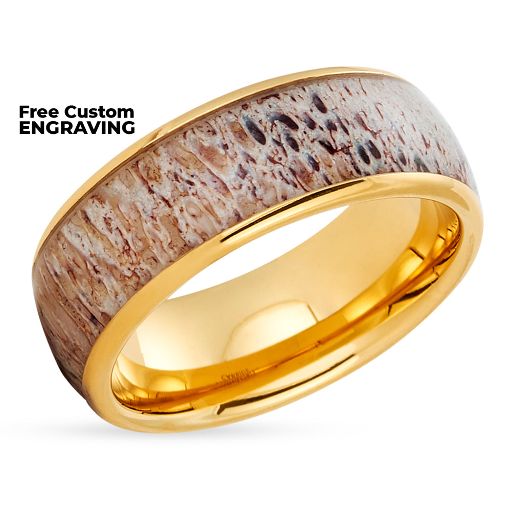 Antler Wedding Ring - Deer Antler Ring - Yellow Gold Wedding Ring - Tungsten Wedding Ring - 8mm