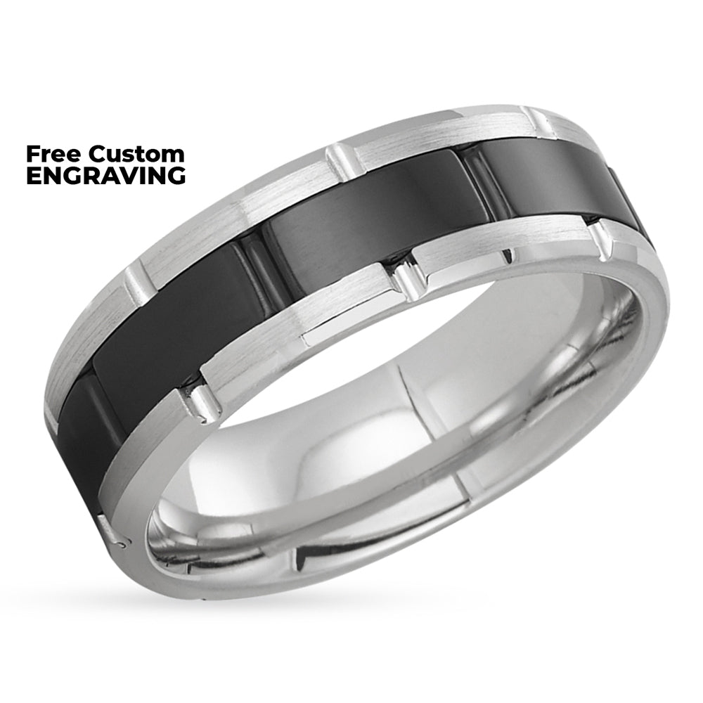 Zirconium Wedding Ring - Black Wedding Ring - Silver Wedding Band - Zirconium Wedding Band