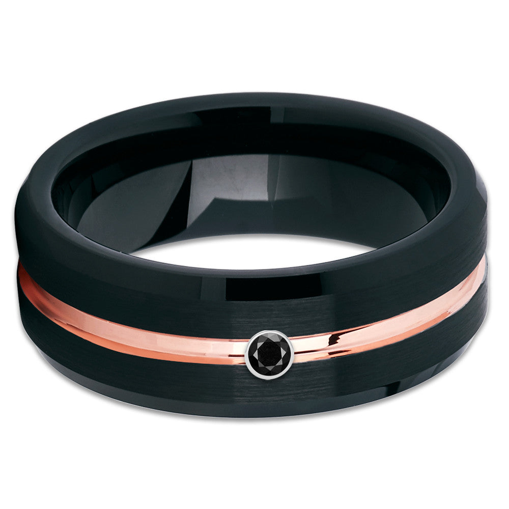 Black Tungsten Ring - Black Diamond - Rose Gold - Men's Wedding Band - Clean Casting Jewelry