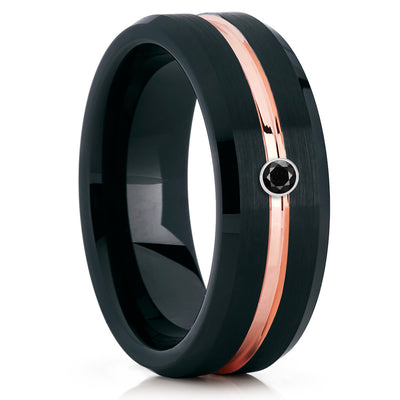 Black Tungsten Ring - Black Diamond - Rose Gold - Men's Wedding Band - Clean Casting Jewelry