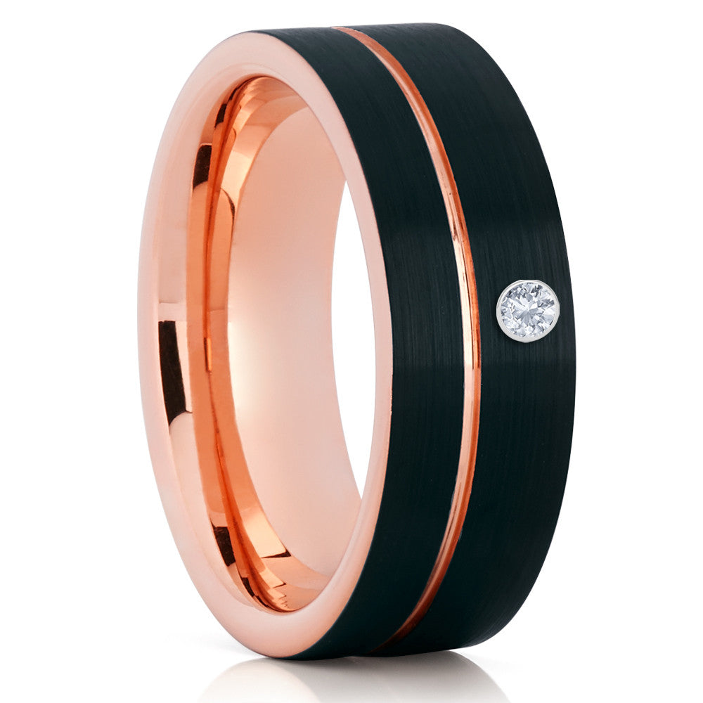 Rose Gold Tungsten Ring - White Diamond Tungsten - Black Tungsten Ring - Wedding Ring