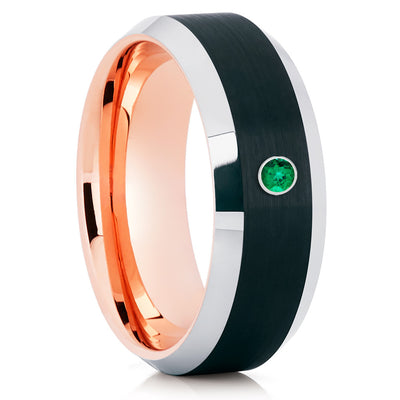 Men's Black Tungsten Ring - Rose Gold - Emerald Tungsten Ring - Brush - Clean Casting Jewelry
