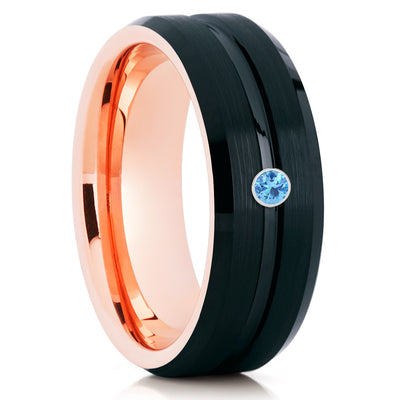 Black Tungsten Band - Men's Tungsten Wedding Band - Aquamarine Ring - Clean Casting Jewelry