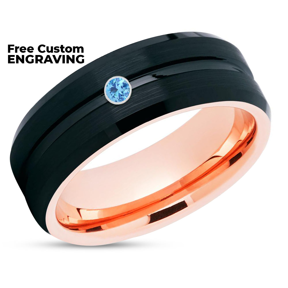Rose Gold Wedding Ring - Black Wedding Ring - Aquamarine Ring Ring - Wedding Ring - Band