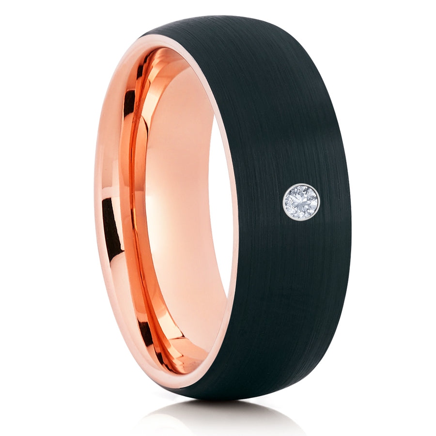 Men's Rose Gold Wedding Band - White Diamond Tungsten Ring - Black Tungsten - Clean Casting Jewelry