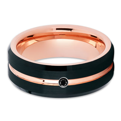 Men's Tungsten Wedding Band - Black Diamond Ring - Rose Gold Tungsten - Brush - Clean Casting Jewelry