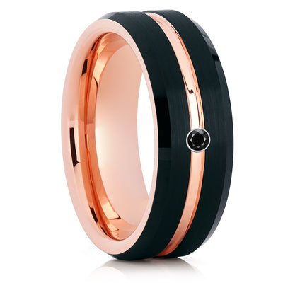 Men's Tungsten Wedding Band - Black Diamond Ring - Rose Gold Tungsten - Brush - Clean Casting Jewelry