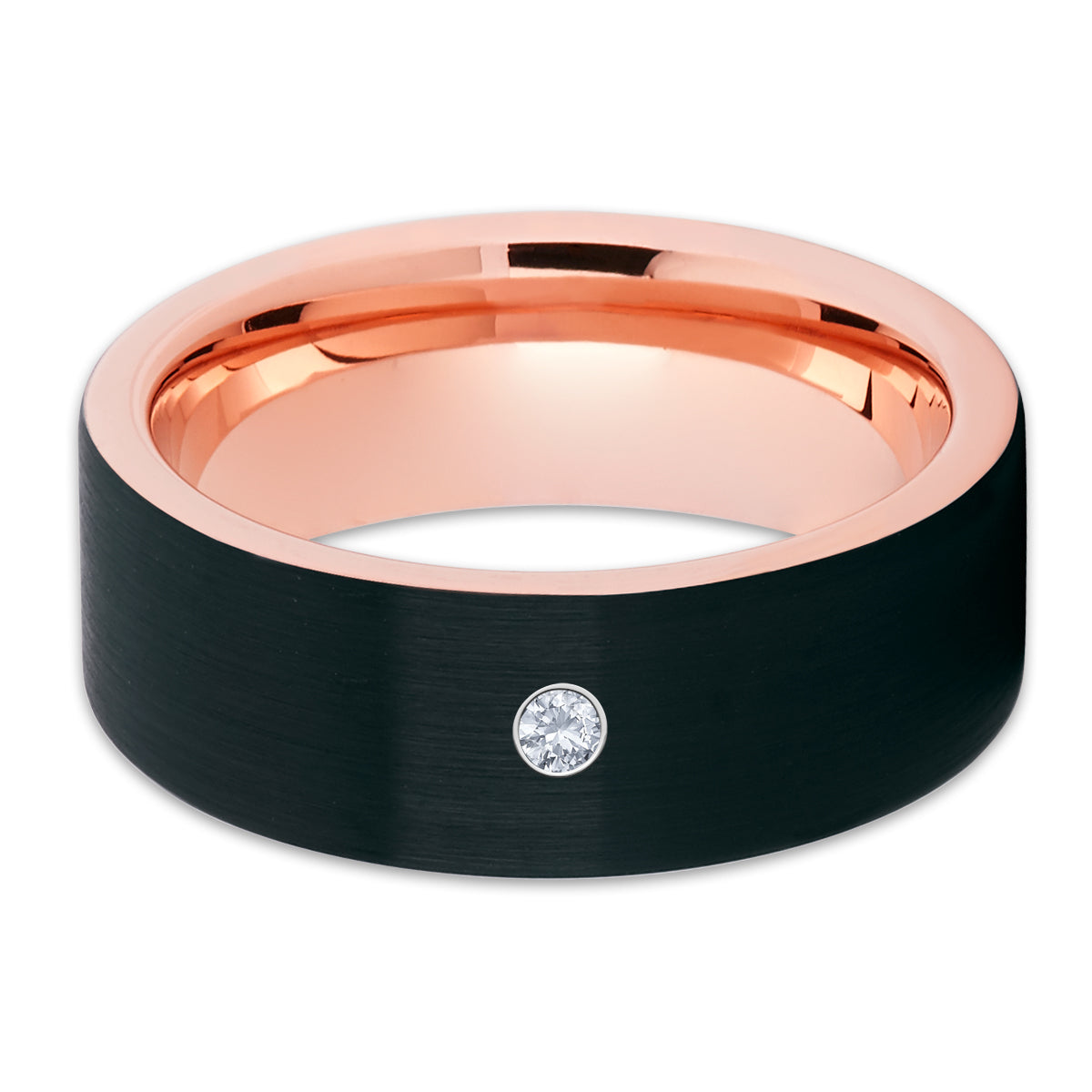 Black Wedding Band - Rose Gold Tungsten Ring - White Diamond Ring - 8mm - Brush - Clean Casting Jewelry
