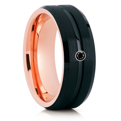 Rose Gold Tungsten Ring - Black Wedding Band - Black Diamond - Men & Women - Clean Casting Jewelry