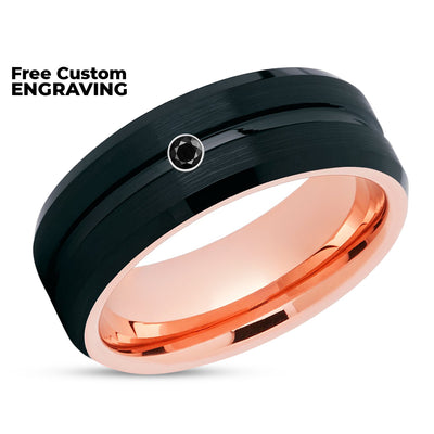 Rose Gold Tungsten Ring - Black Wedding Band - Black Diamond - Men & Women