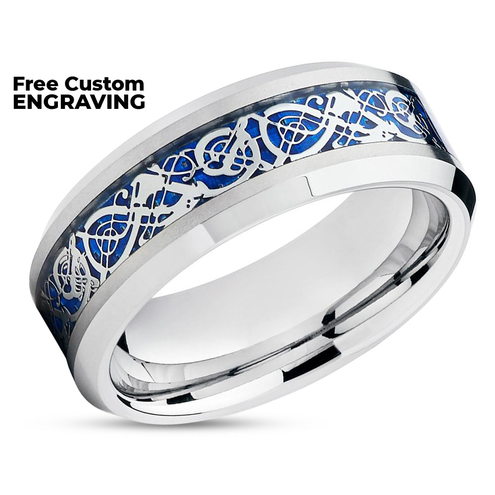 Tungsten Wedding Band - Dragon Ring - Men's Wedding Band - Tungsten Band - Blue Ring
