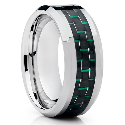 Green Tungsten Ring - Carbon Fiber Tungsten Ring - Tungsten Wedding Band - Clean Casting Jewelry