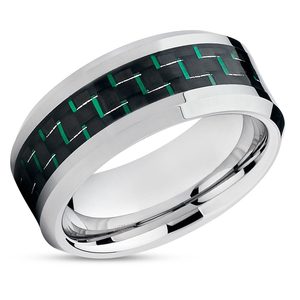 Green Tungsten Ring - Carbon Fiber Tungsten Ring - Tungsten Wedding Band