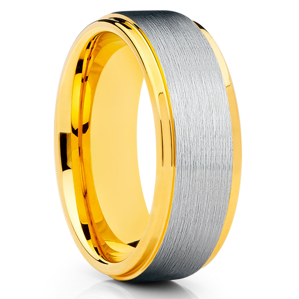 Yellow Gold Tungsten Ring - Silver Brush - Yellow Gold Wedding Band - Tungsten - Clean Casting Jewelry