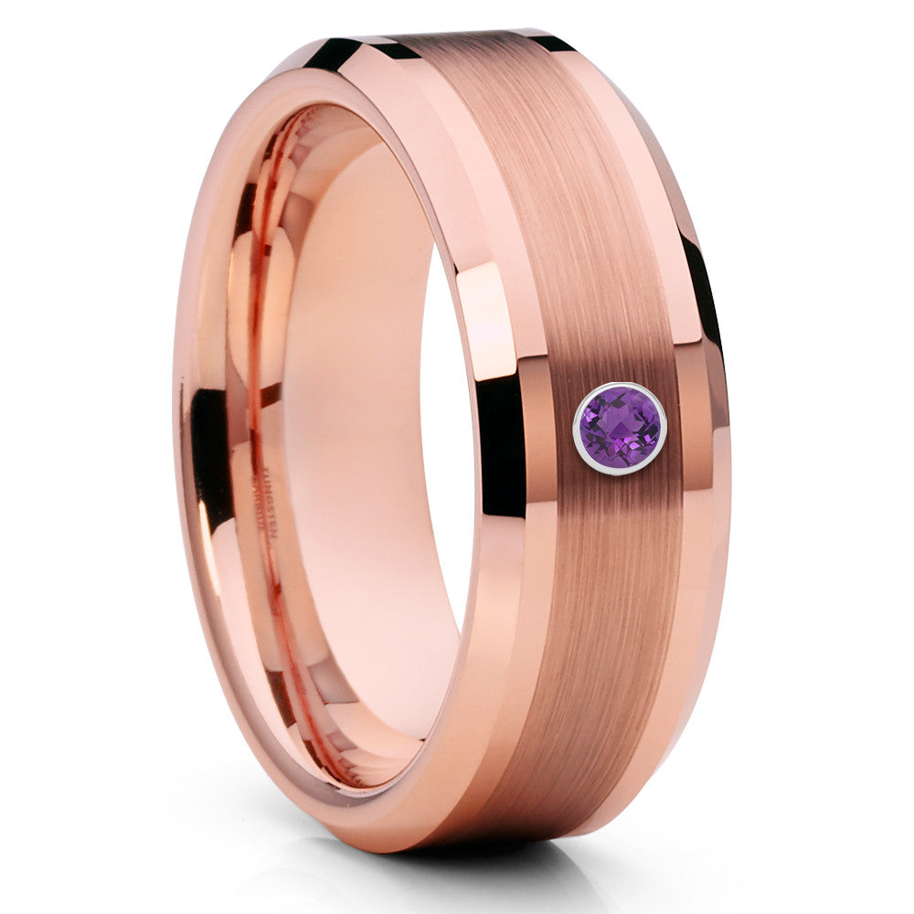 Rose Gold Tungsten - Amethyst Tungsten Ring - Tungsten Carbide Ring - Clean Casting Jewelry