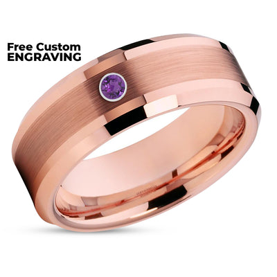 Rose Gold Wedding Ring - Tungsten Wedding Ring - Amethyst  Wedding Ring - Tungsten