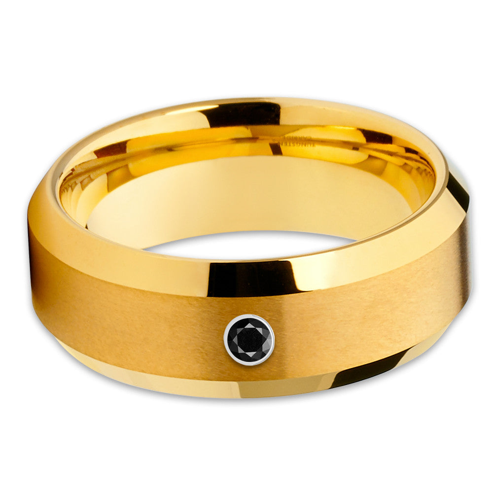 Yellow Gold Tungsten Band - Black Diamond Ring - Men's Wedding Band - 8mm - Clean Casting Jewelry