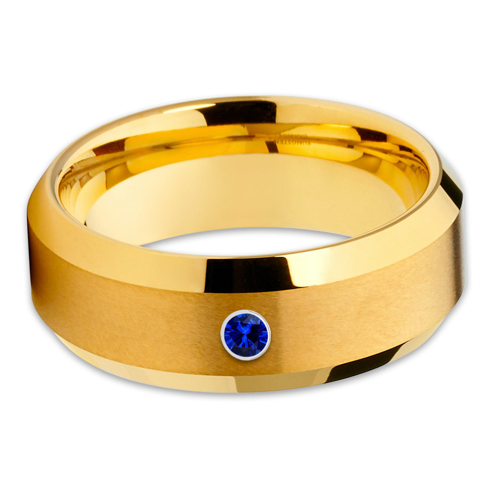 Yellow Gold Tungsten Ring - Blue Sapphire - Yellow Gold Tungsten - 8mm - Clean Casting Jewelry