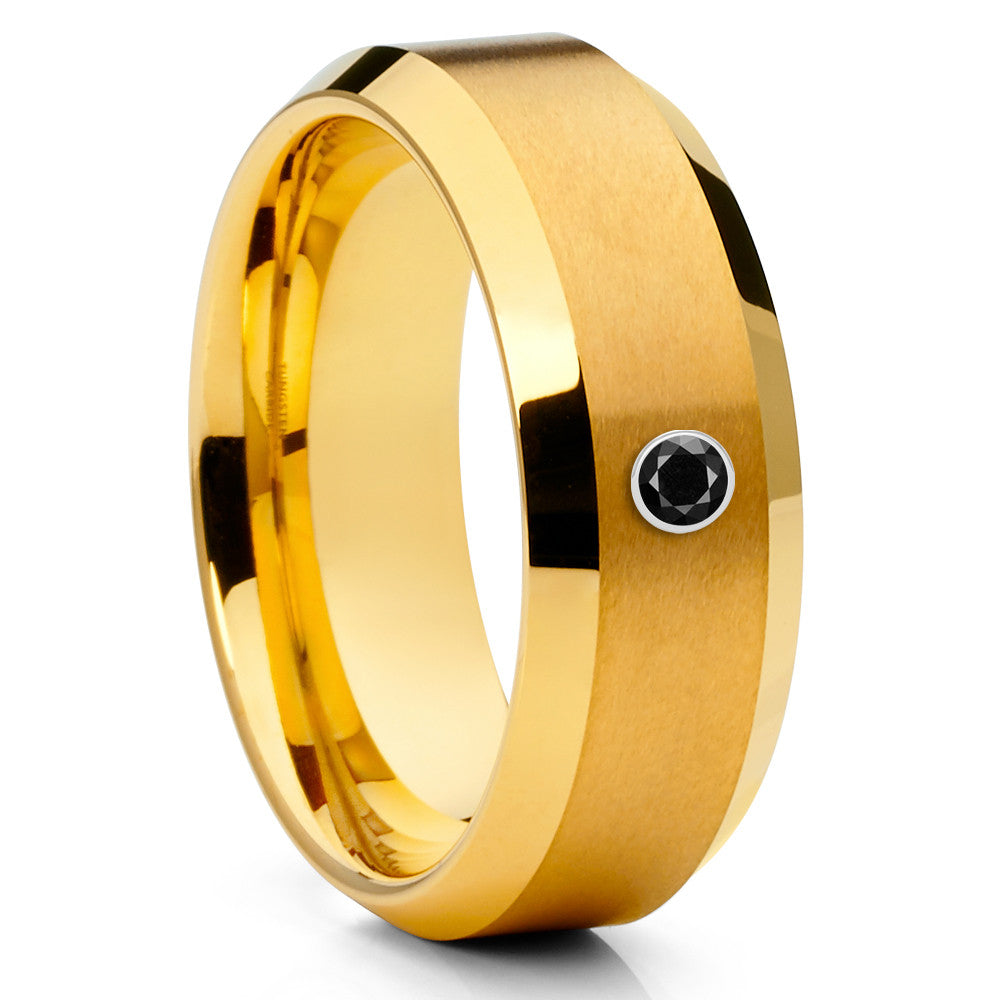 Yellow Gold Tungsten Band - Black Diamond Ring - Men's Wedding Band - 8mm - Clean Casting Jewelry