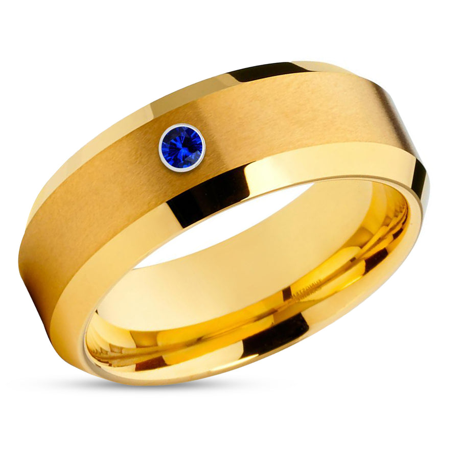 Yellow Gold Tungsten Ring - Blue Sapphire - Yellow Gold Tungsten - Yellow Gold Ring