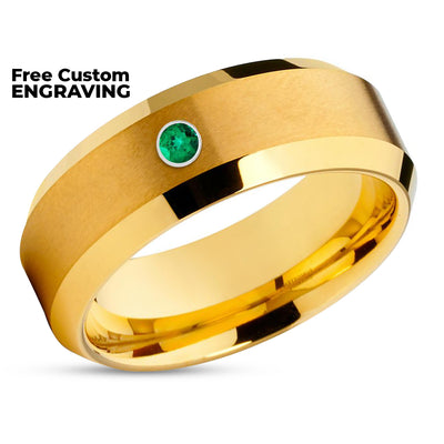 Yellow Gold Tungsten Wedding Ring - Emerald Wedding  Ring - Tungsten Carbide