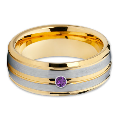 Yellow Gold Tungsten Ring - Amethyst Wedding Ring - Tungsten Carbide - 8mm - Clean Casting Jewelry