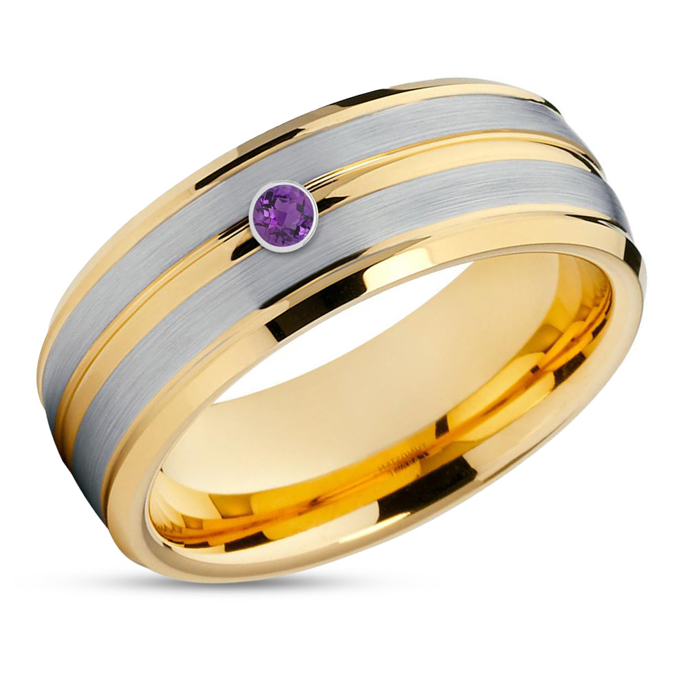 Yellow Gold Tungsten Ring - Amethyst Wedding Ring - Tungsten Carbide - 8mm