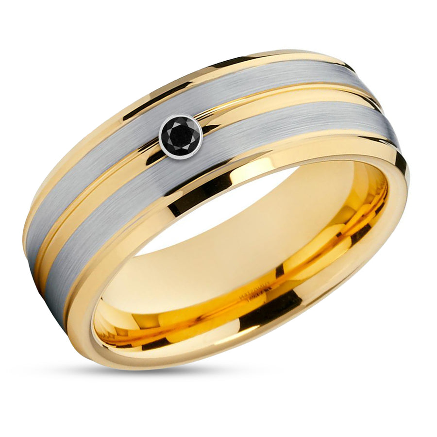 Yellow Gold Tungsten Ring - Black Diamond Ring - Tungsten Wedding Ring - Man's Ring
