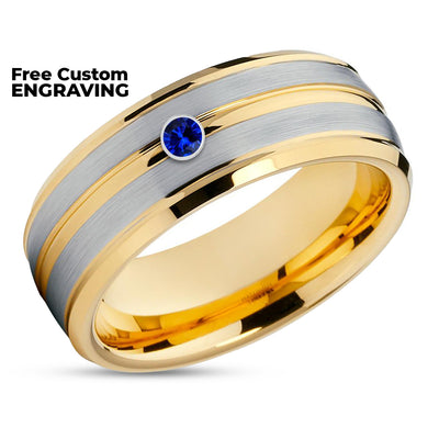 Yellow Gold Wedding Ring - Tungsten Wedding Ring - Blue Sapphire Ring - Wedding Ring