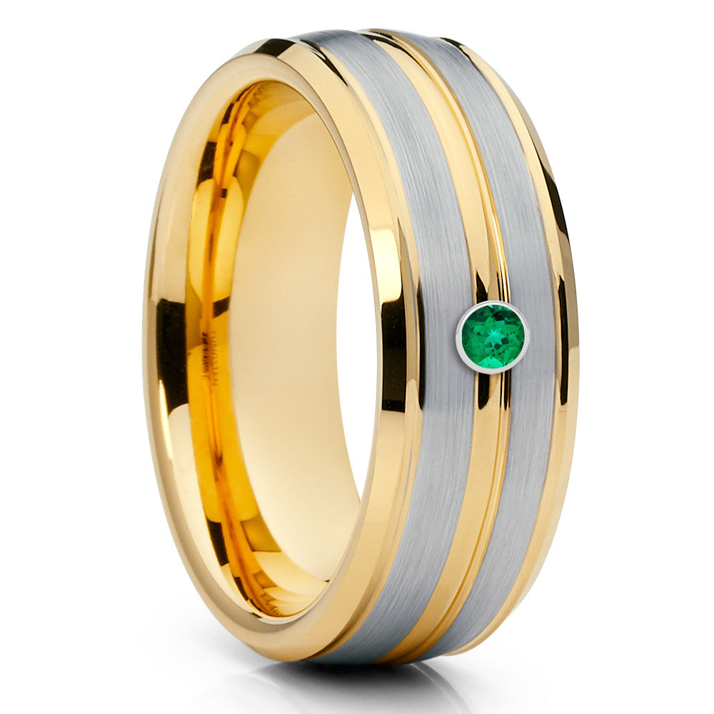 Yellow Gold Tungsten Ring - Emerald Tungsten Ring - Brush - 8mm Ring - Clean Casting Jewelry