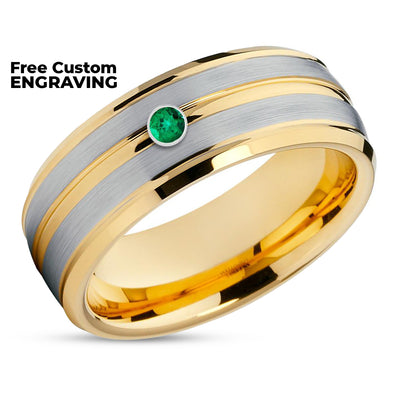 Yellow Gold Tungsten Ring - Emerald Wedding Ring - Tungsten Wedding Ring - Man's Ring - Band