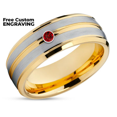 Yellow Gold Tungsten Ring - Ruby Wedding Ring - Man's Wedding Ring - Wedding Band