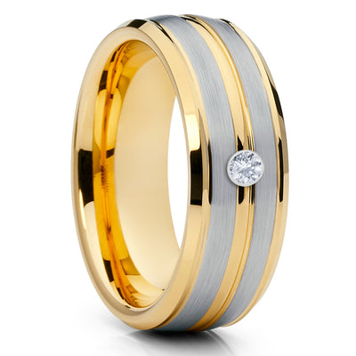 Yellow Gold Tungsten - White Diamond Ring - Men's Wedding Ring - Tungsten - Clean Casting Jewelry